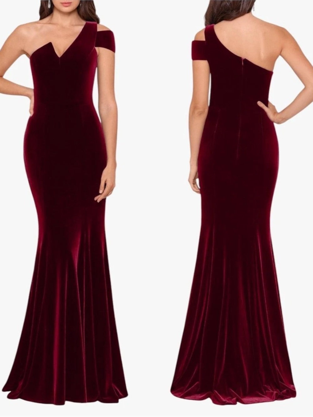 Betsy & Adam Ella Velvet One-Shoulder Gown Maxi Dress Lined Burgundy Size 16 - Picture 1 of 9